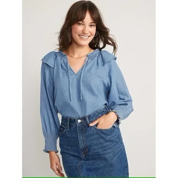 Old Navy Blouse Women's 4X Puff Sleeve Jean Ruffle Trimmed Poet Chambray Peasant - Picture 3 of 10